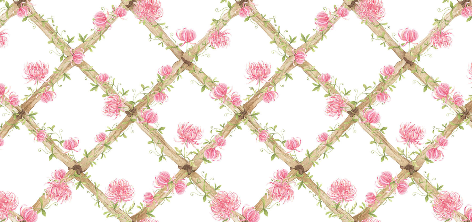 Chrysanthemums Bamboo Trellis Wallpaper Border