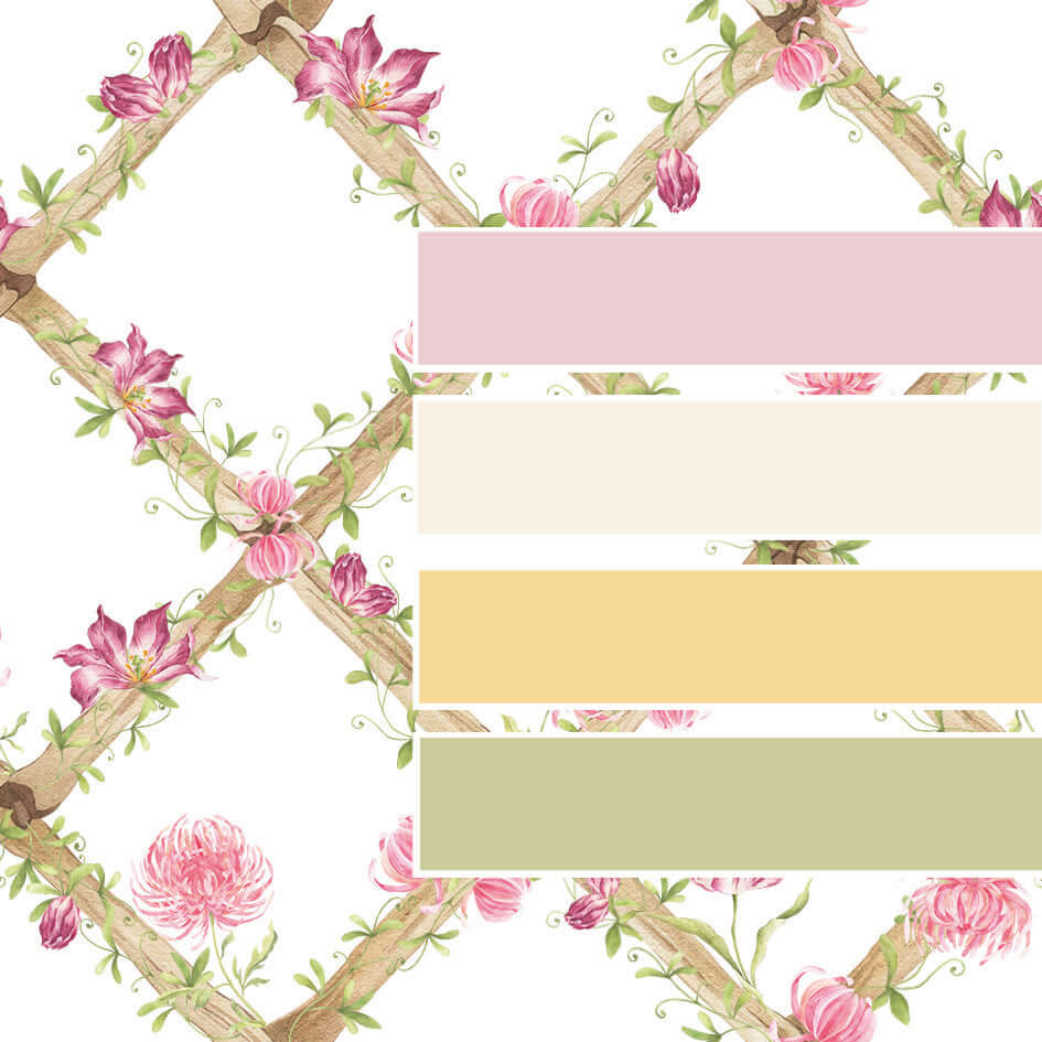 Chrysanthemums & Tiger Tulips Bamboo Trellis Wallpaper Border