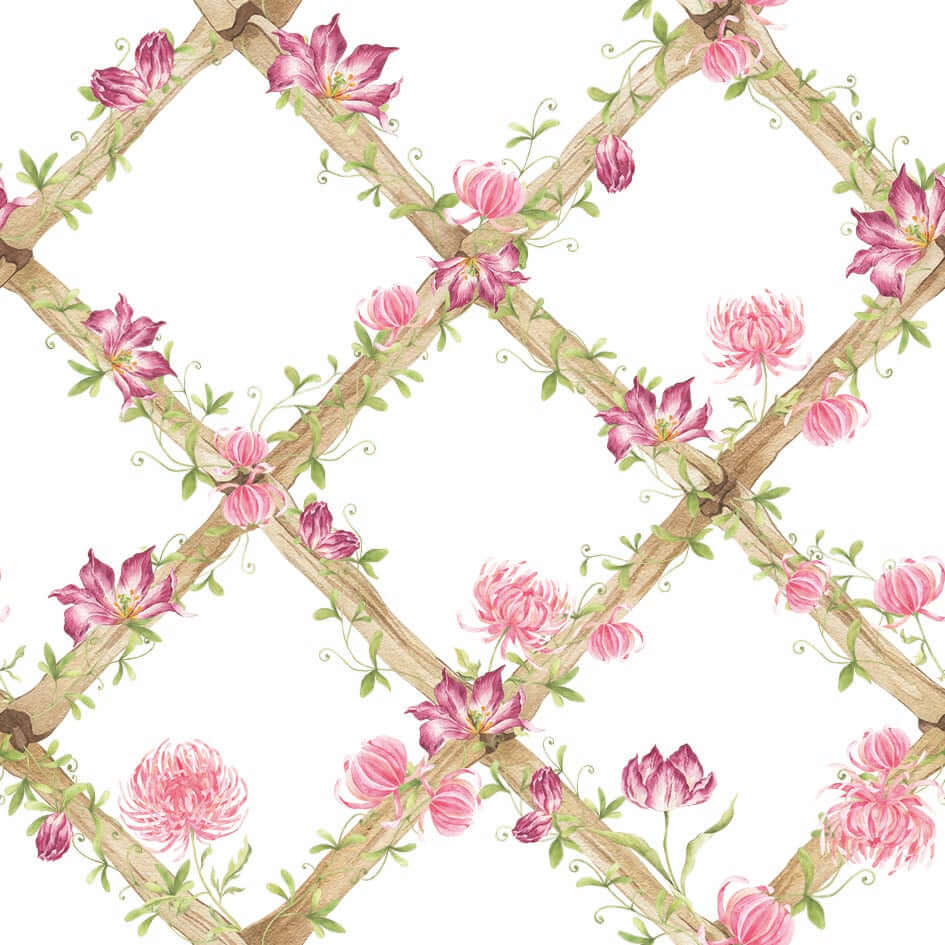 Chrysanthemums & Tiger Tulips Bamboo Trellis Wallpaper Border