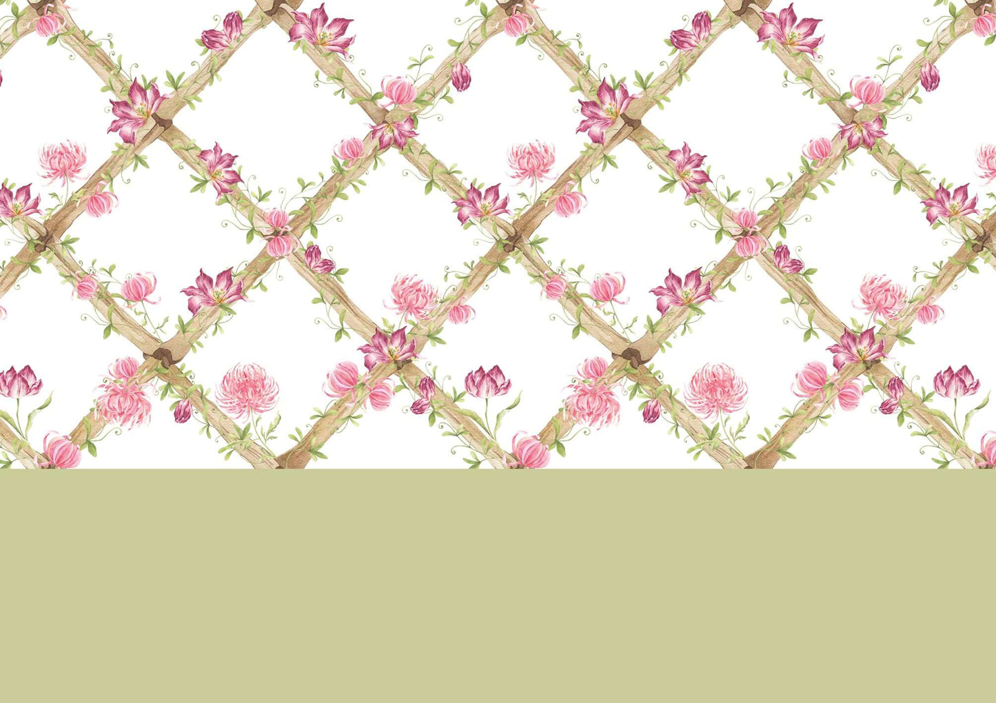 Chrysanthemums & Tiger Tulips Bamboo Trellis Wallpaper Border