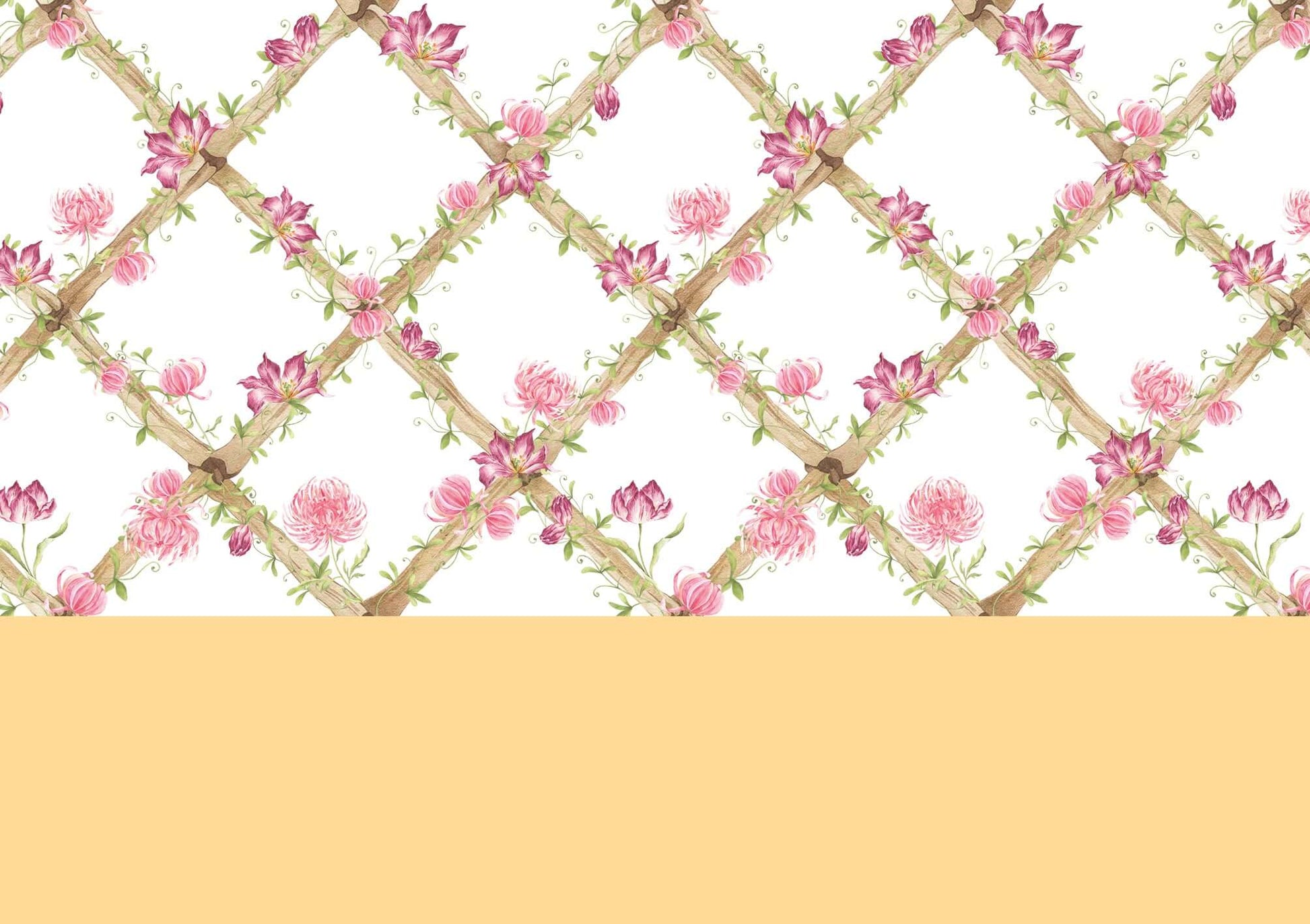 Chrysanthemums & Tiger Tulips Bamboo Trellis Wallpaper Border