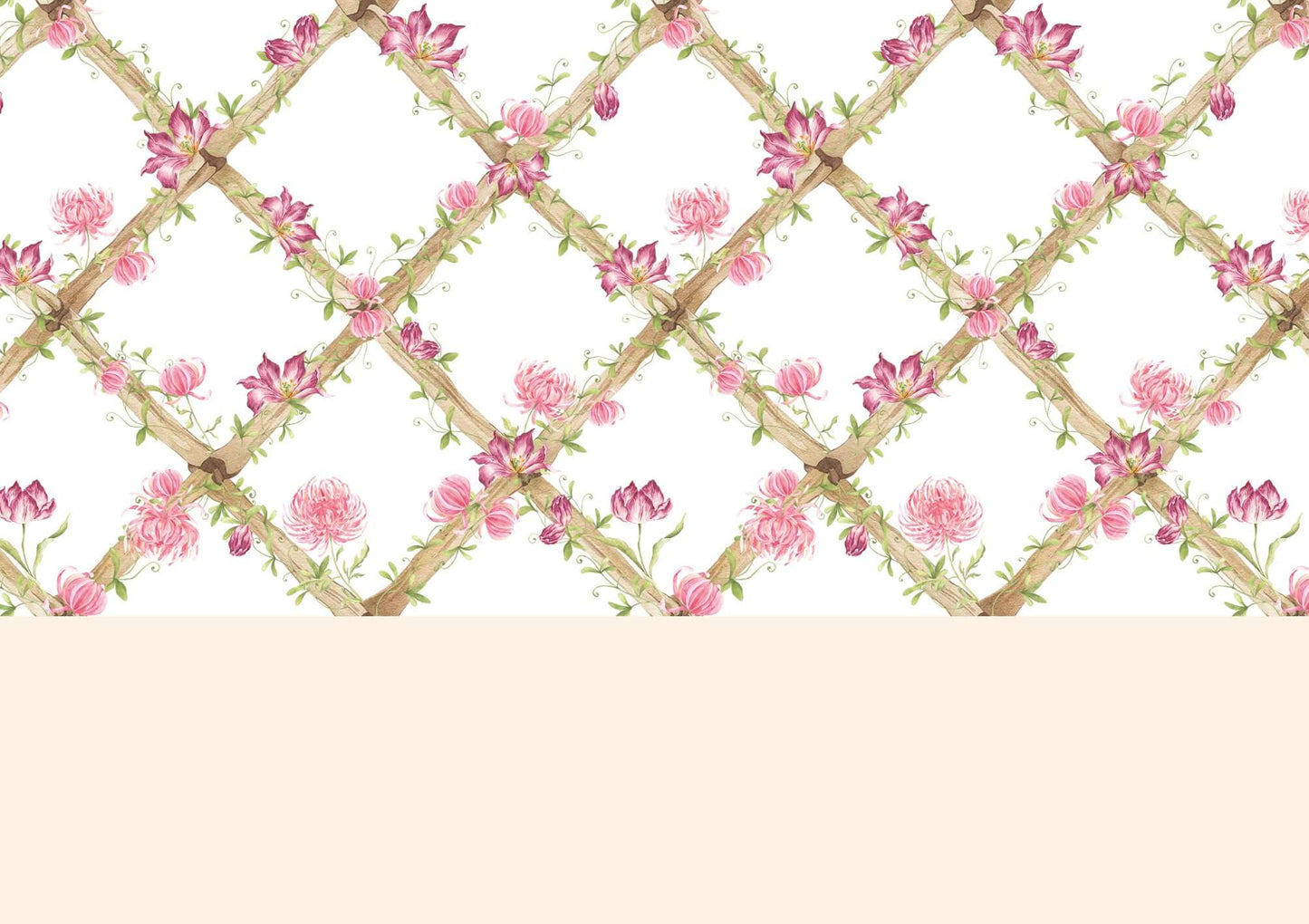 Chrysanthemums & Tiger Tulips Bamboo Trellis Wallpaper Border