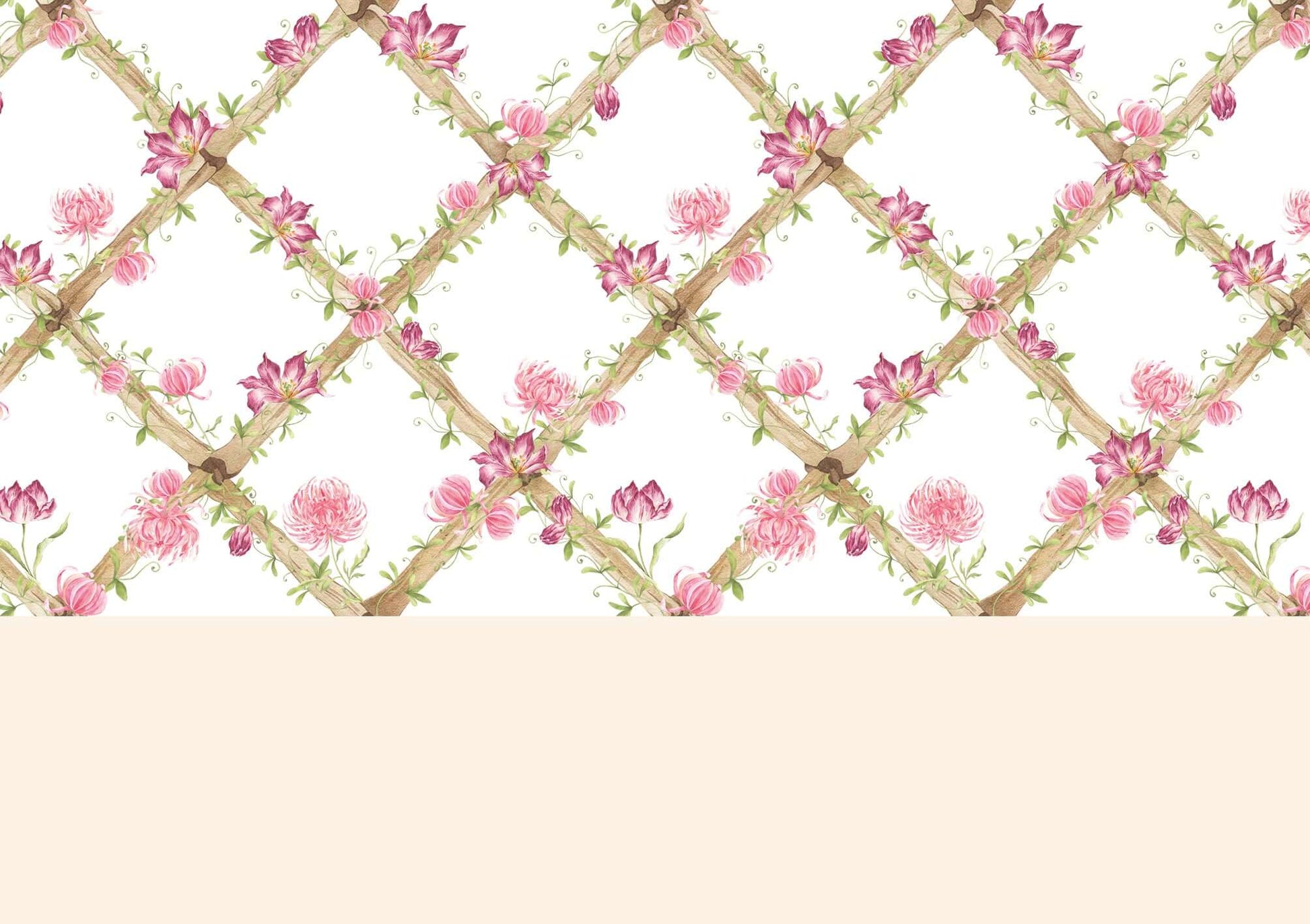 Chrysanthemums & Tiger Tulips Bamboo Trellis Wallpaper Border