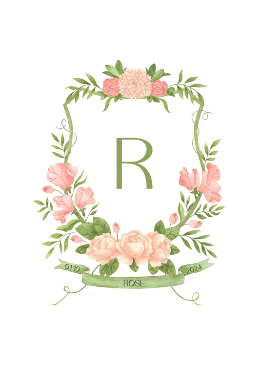 Shield Monogram Nursery Art Print | Personalised Baby Keepsake