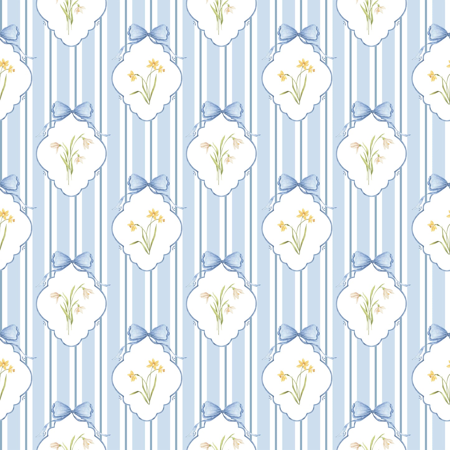 Snowdrops Bold Pinstripe Accent Wallpaper - Diamond Medallion, Blue Background