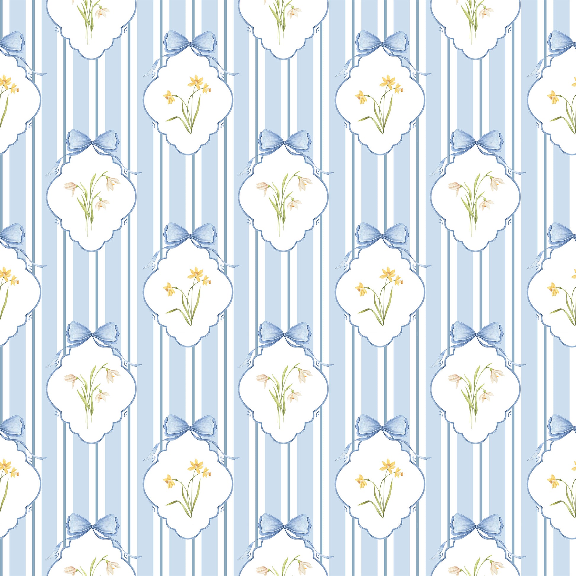 Snowdrops Bold Pinstripe Accent Wallpaper - Diamond Medallion, Blue Background