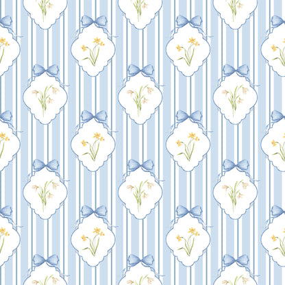 Snowdrops Bold Pinstripe Accent Wallpaper - Diamond Medallion, Blue Background