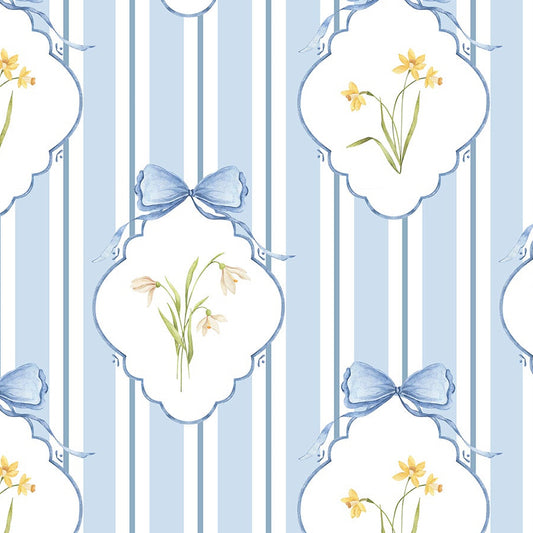 Snowdrops Bold Pinstripe Accent Wallpaper - Diamond Medallion, Blue Background