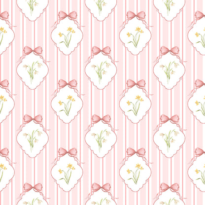 Snowdrops Bold Pinstripe Accent Wallpaper - Diamond Medallion, Coral Background
