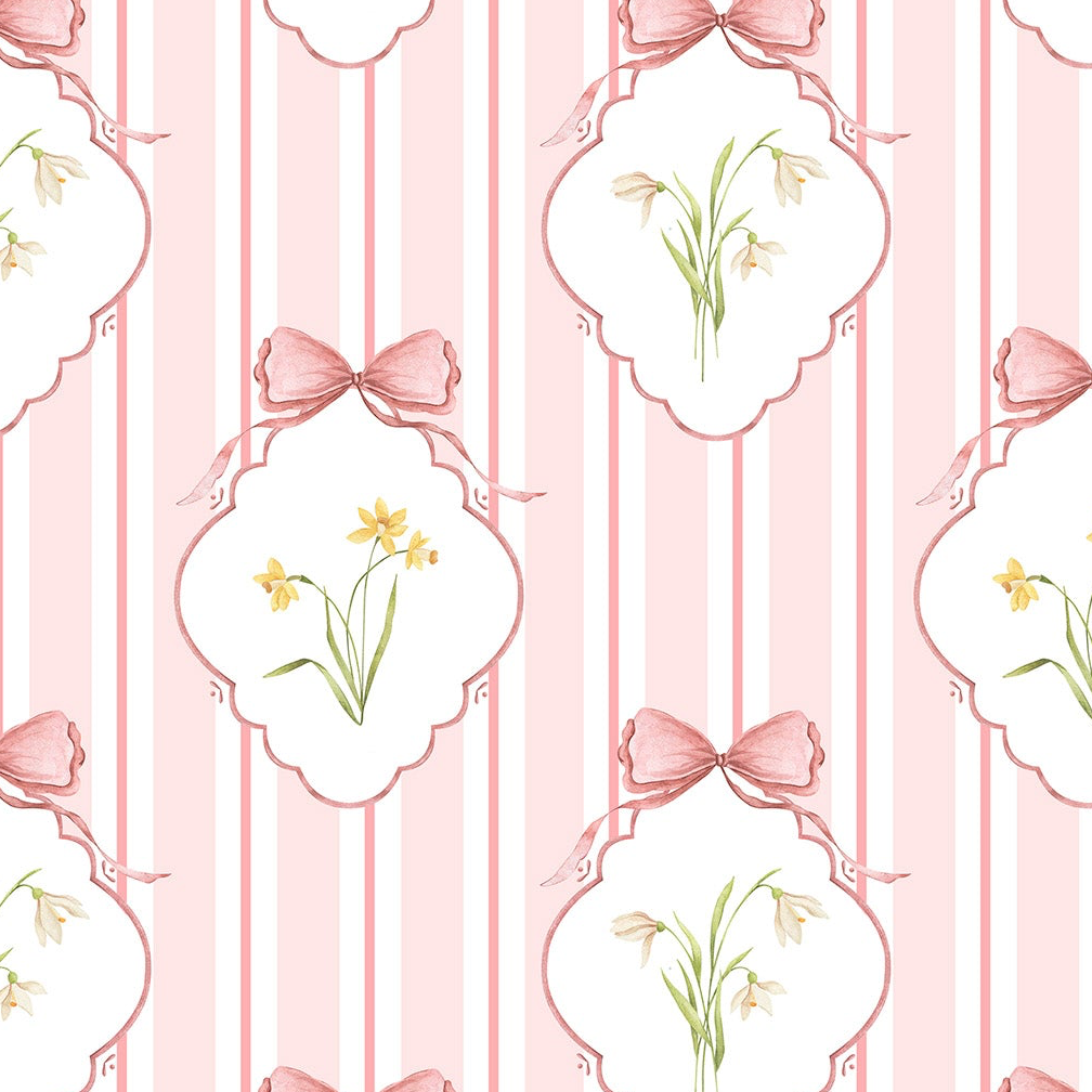 Snowdrops Bold Pinstripe Accent Wallpaper - Diamond Medallion, Coral Background