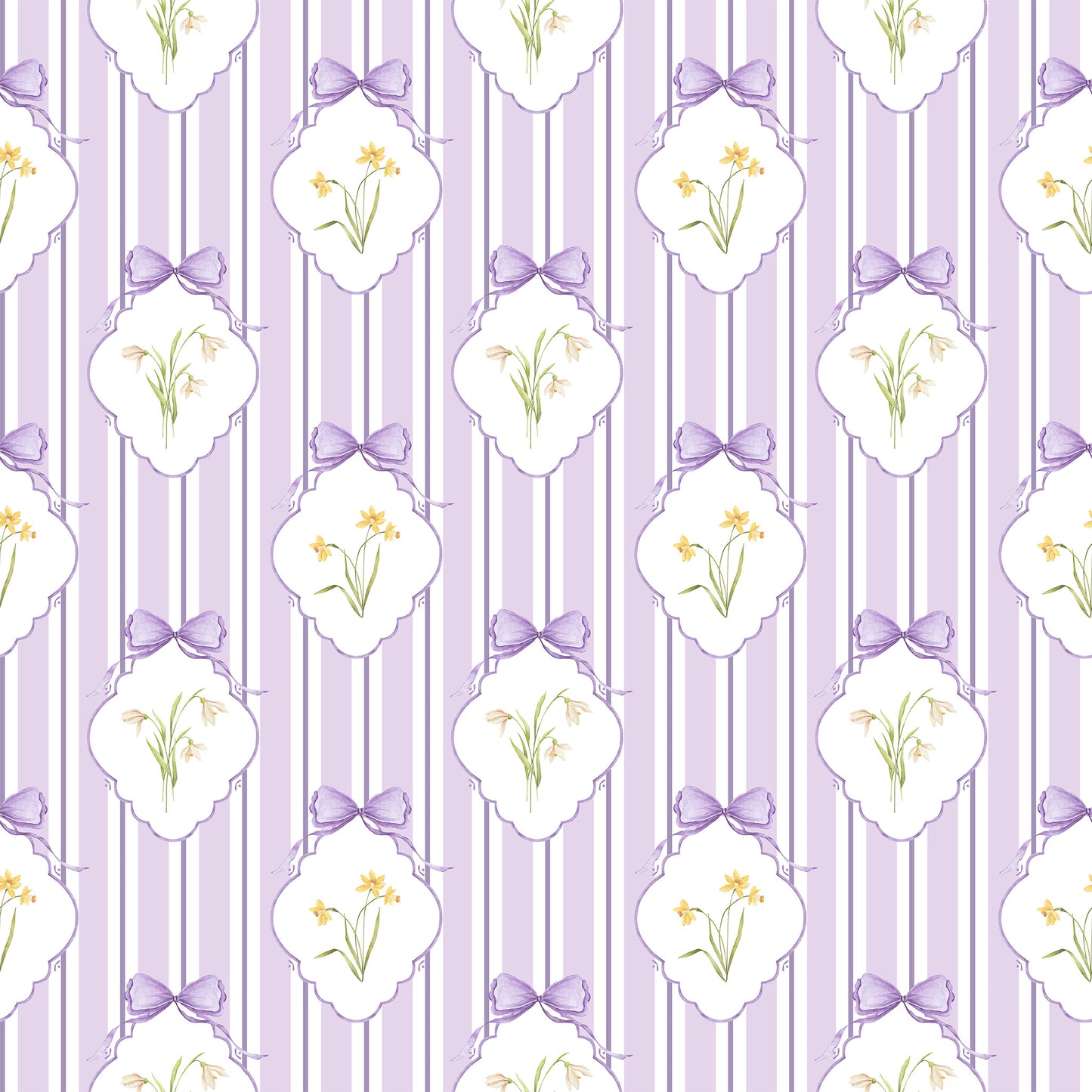 Snowdrops Bold Pinstripe Accent Wallpaper - Diamond Medallion, Lilac Background