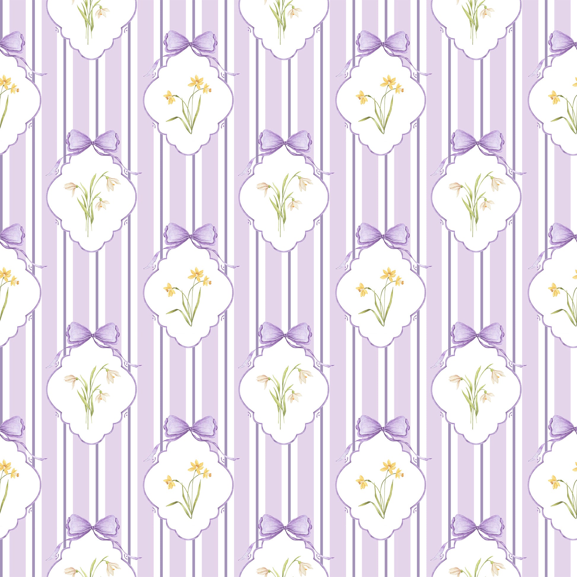 Snowdrops Bold Pinstripe Accent Wallpaper - Diamond Medallion, Lilac Background
