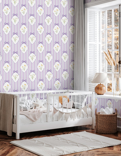 Snowdrops Bold Pinstripe Accent Wallpaper - Diamond Medallion, Lilac Background