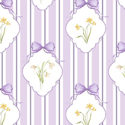 Snowdrops Bold Pinstripe Accent Wallpaper - Diamond Medallion, Lilac Background