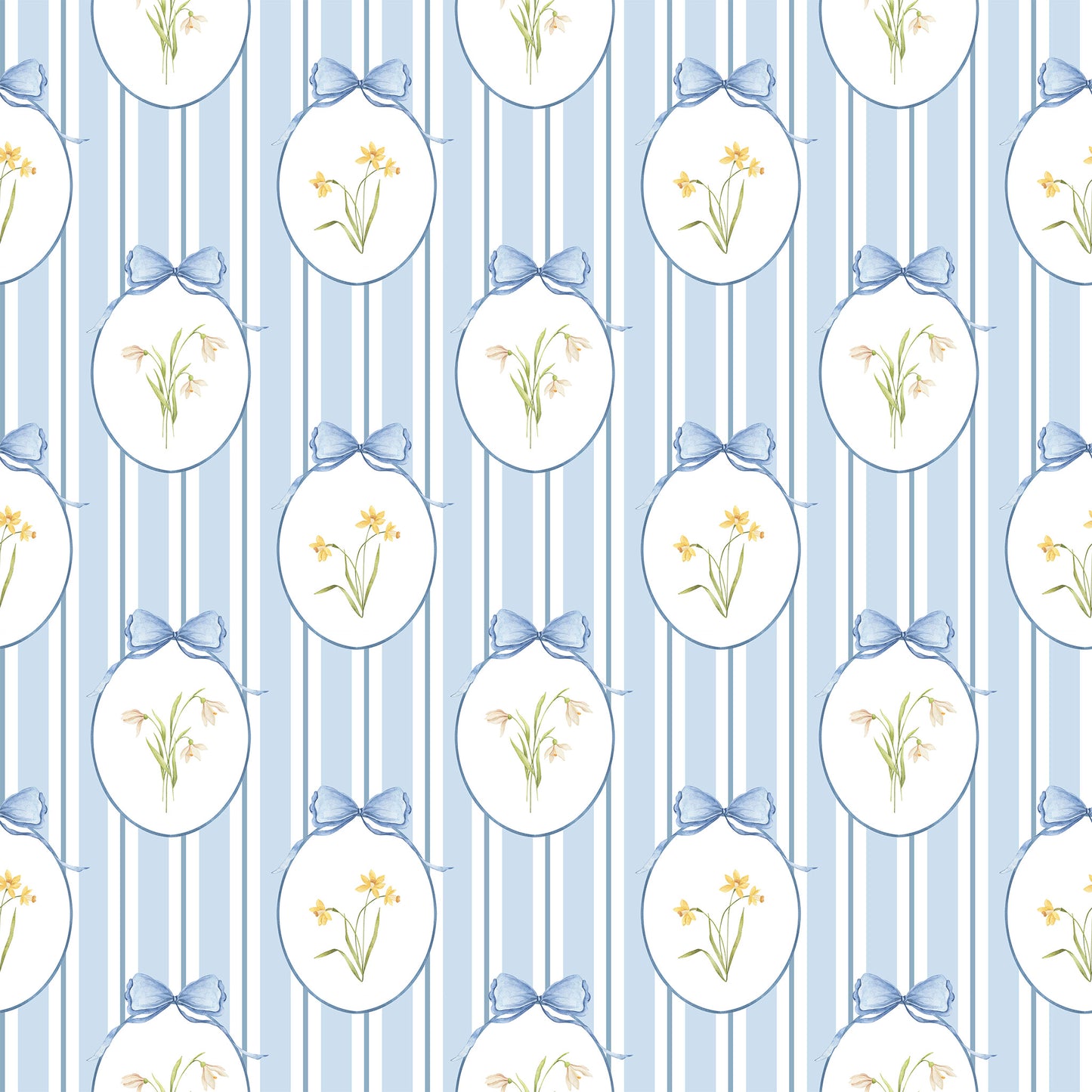Snowdrops Bold Pinstripe Accent Wallpaper - Oval Medallion, Blue Background