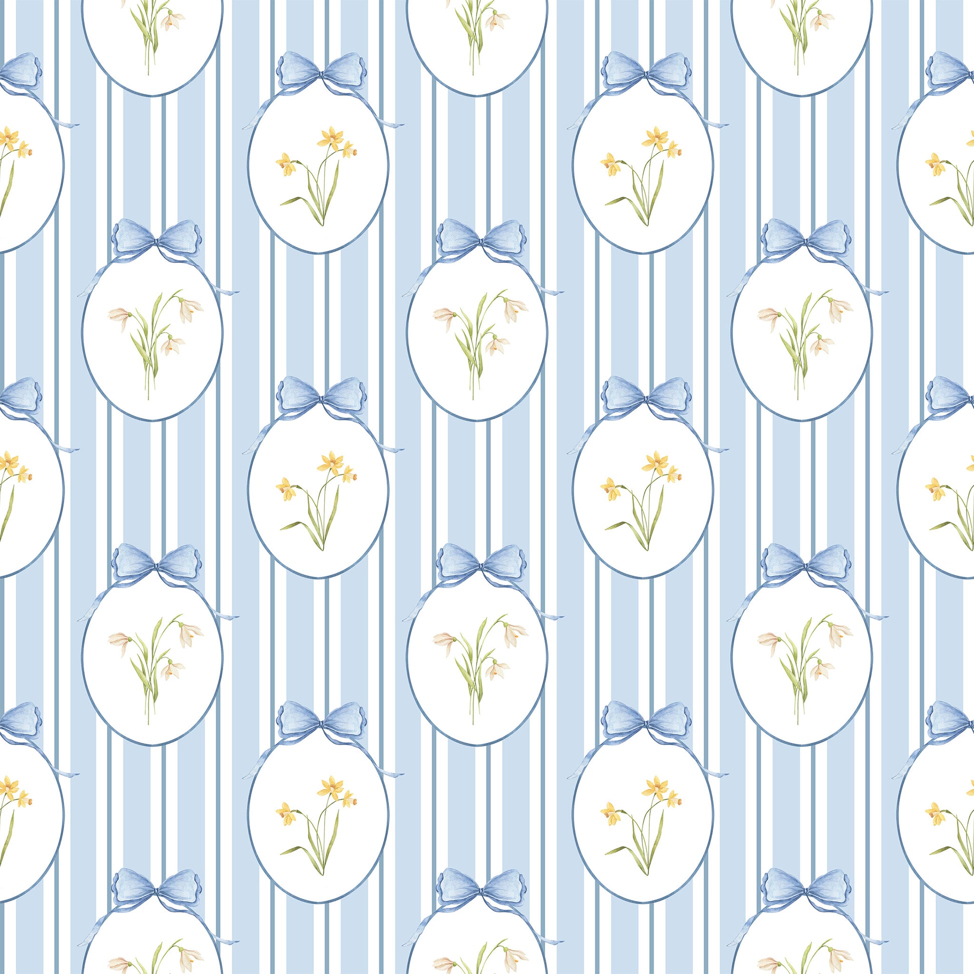 Snowdrops Bold Pinstripe Accent Wallpaper - Oval Medallion, Blue Background