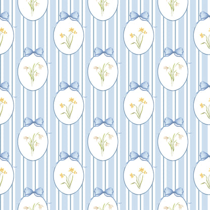 Snowdrops Bold Pinstripe Accent Wallpaper - Oval Medallion, Blue Background