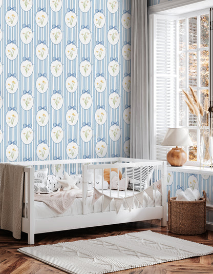 Snowdrops Bold Pinstripe Accent Wallpaper - Oval Medallion, Blue Background