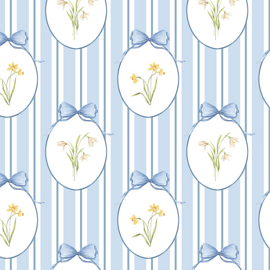 Snowdrops Bold Pinstripe Accent Wallpaper - Oval Medallion, Blue Background