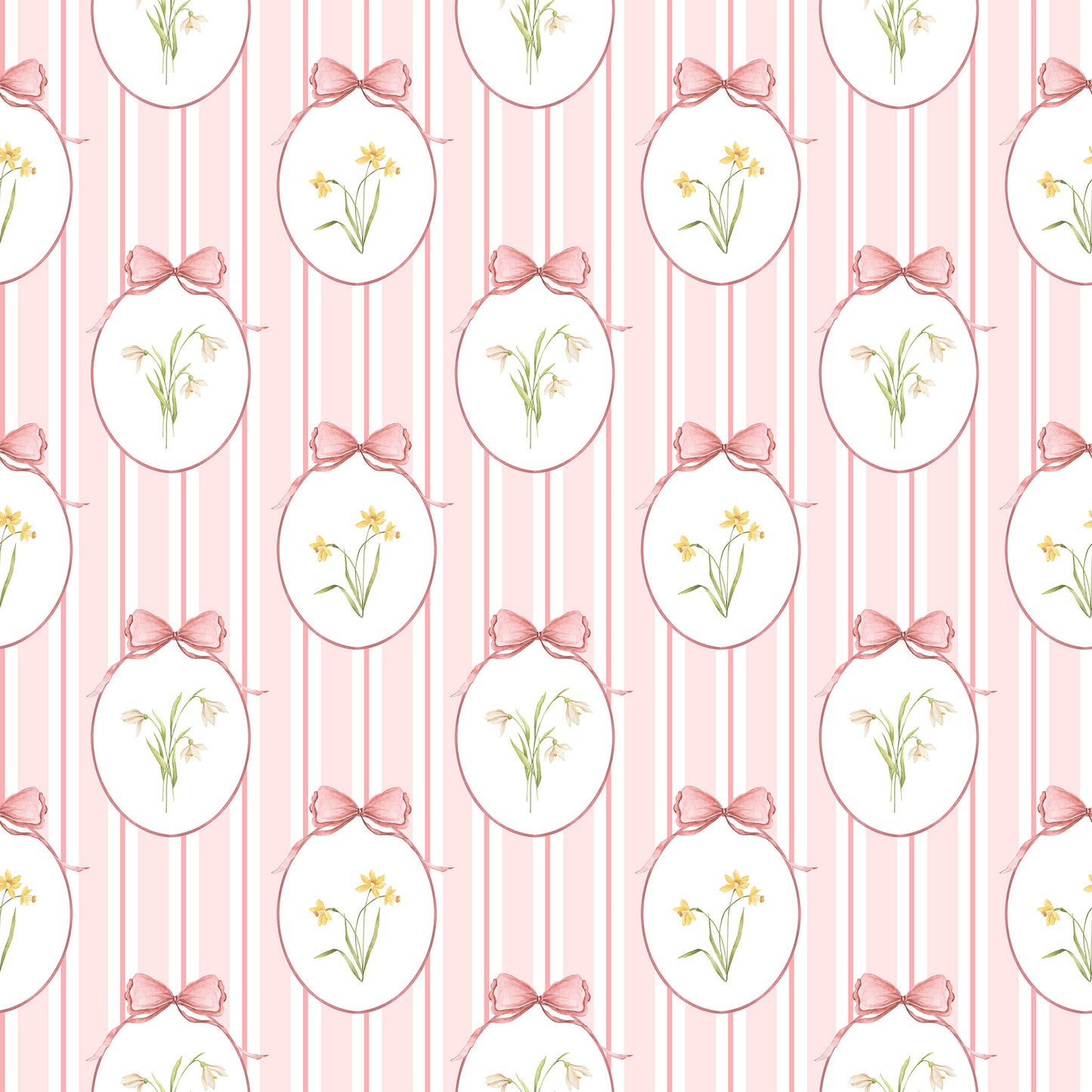 Snowdrops Bold Pinstripe Accent Wallpaper - Oval Medallion, Coral Background