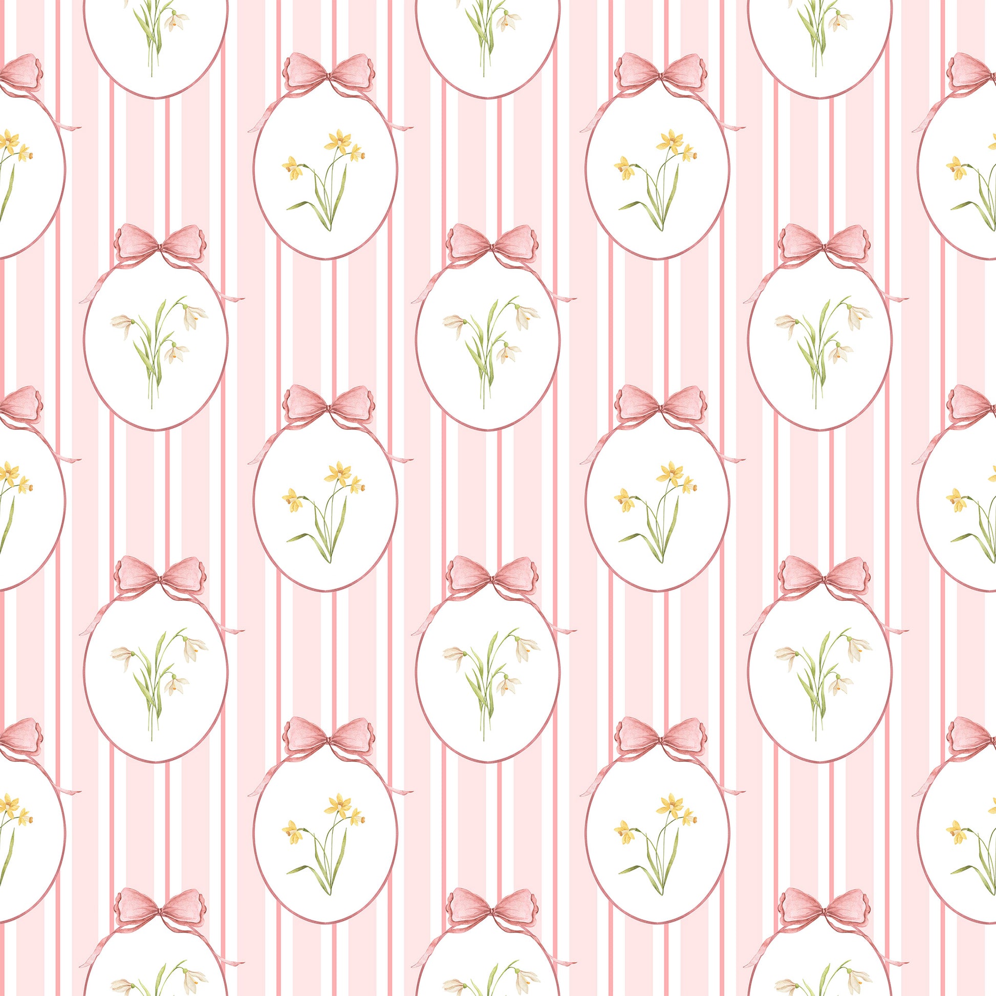 Snowdrops Bold Pinstripe Accent Wallpaper - Oval Medallion, Coral Background