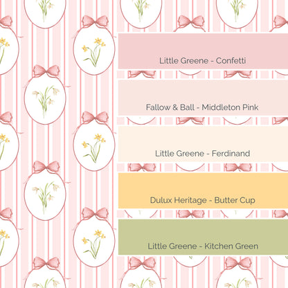 Snowdrops Bold Pinstripe Accent Wallpaper - Oval Medallion, Coral Background