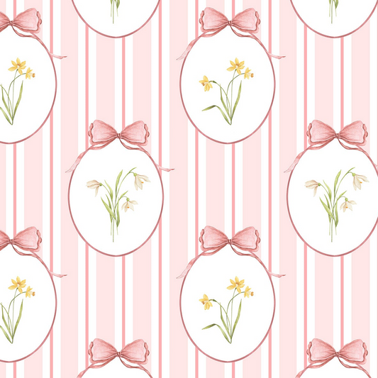 Snowdrops Bold Pinstripe Accent Wallpaper - Oval Medallion, Coral Background