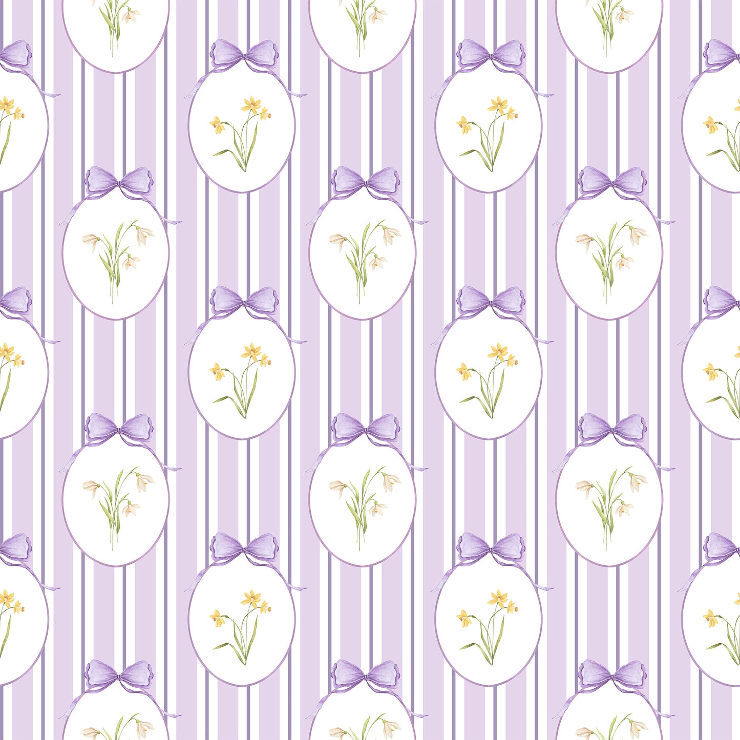 Snowdrops Bold Pinstripe Accent Wallpaper - Oval Medallion, Lilac Background