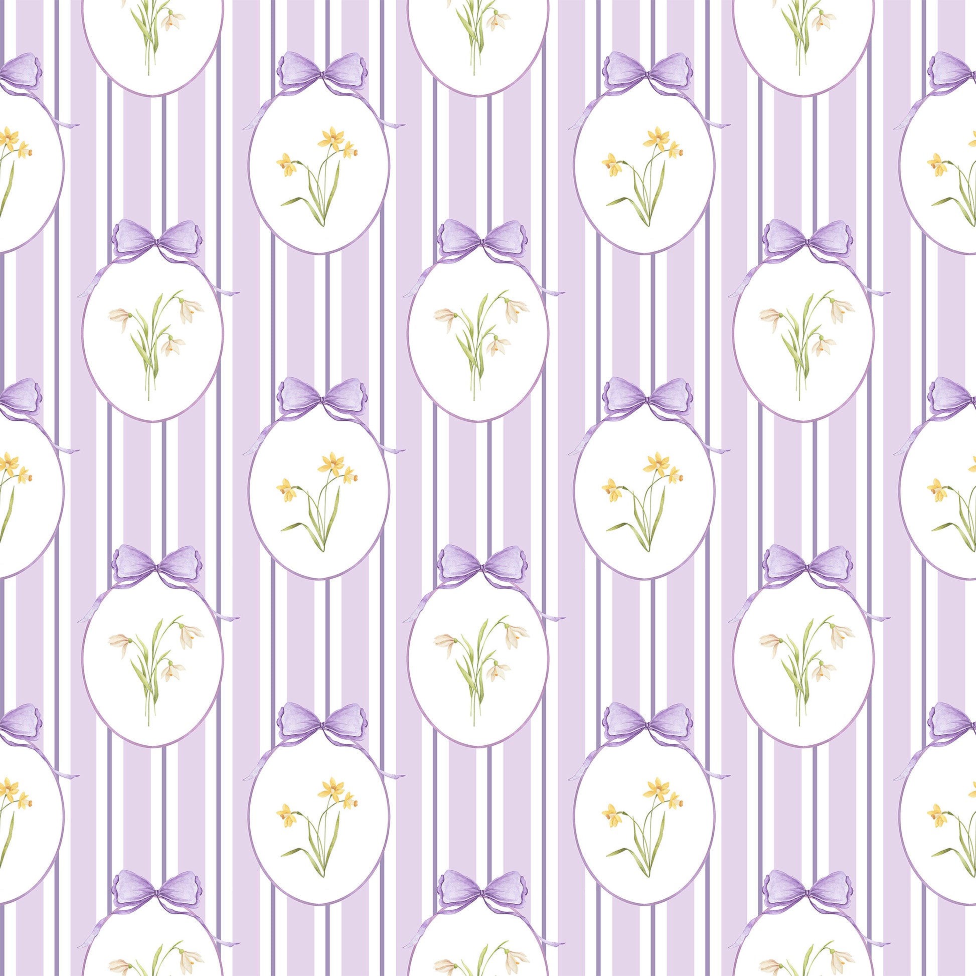 Snowdrops Bold Pinstripe Accent Wallpaper - Oval Medallion, Lilac Background