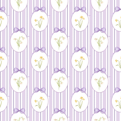 Snowdrops Bold Pinstripe Accent Wallpaper - Oval Medallion, Lilac Background
