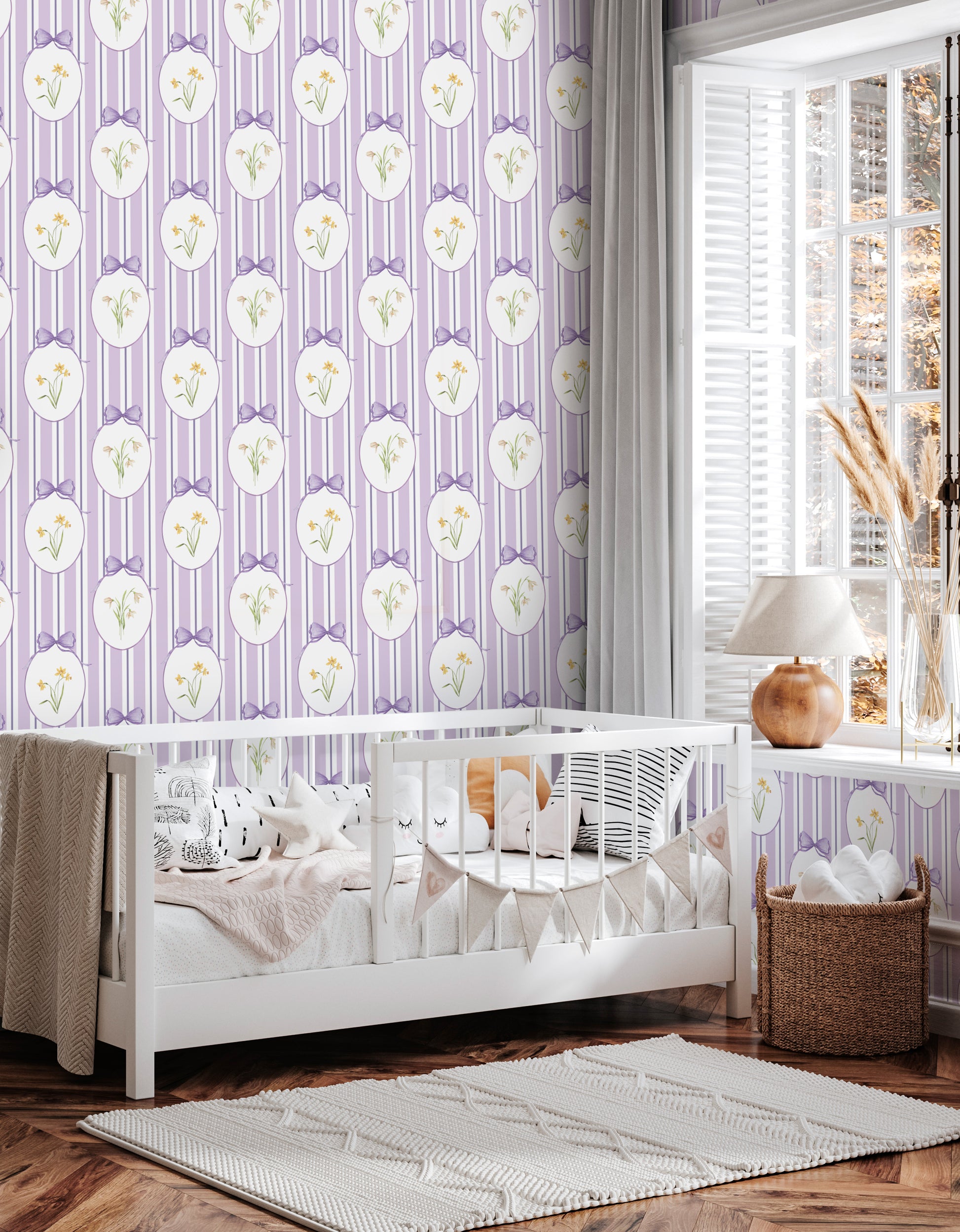 Snowdrops Bold Pinstripe Accent Wallpaper - Oval Medallion, Lilac Background