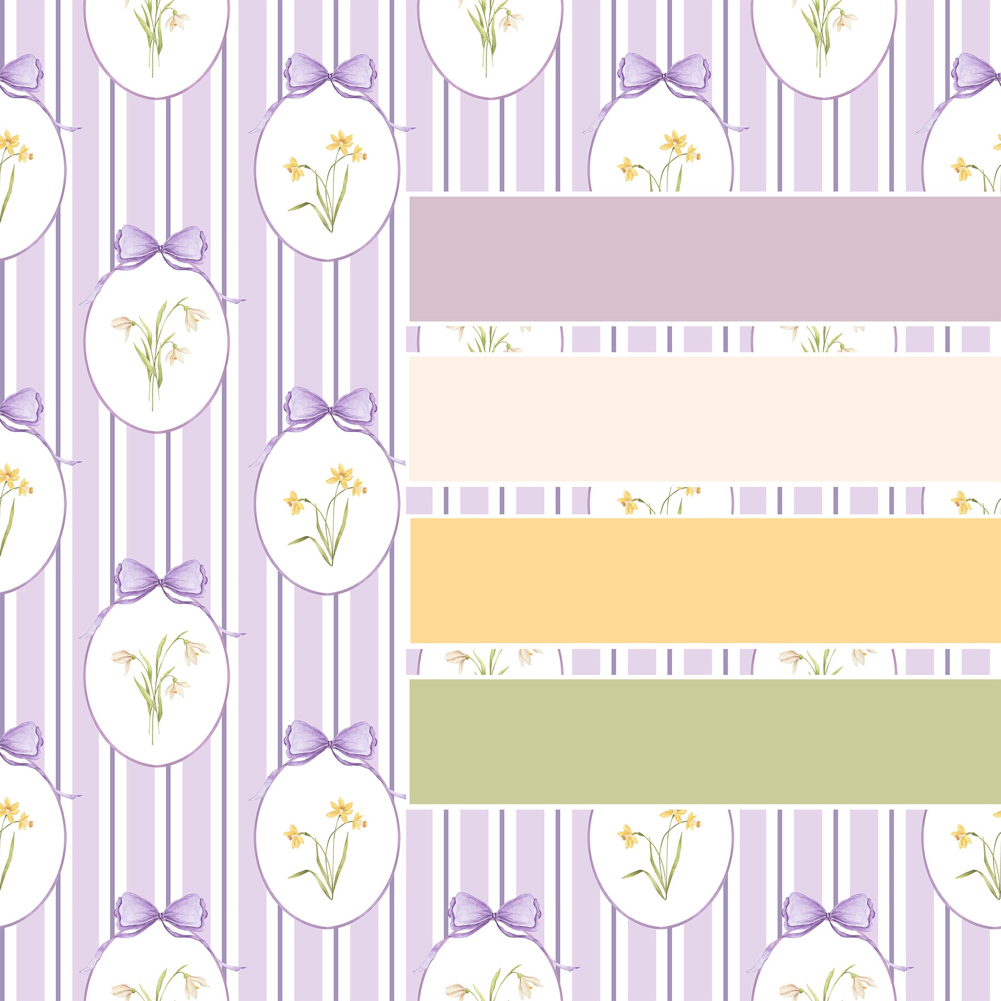 Snowdrops Bold Pinstripe Accent Wallpaper - Oval Medallion, Lilac Background