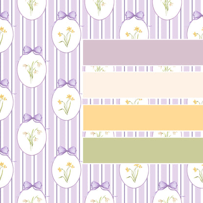Snowdrops Bold Pinstripe Accent Wallpaper - Oval Medallion, Lilac Background