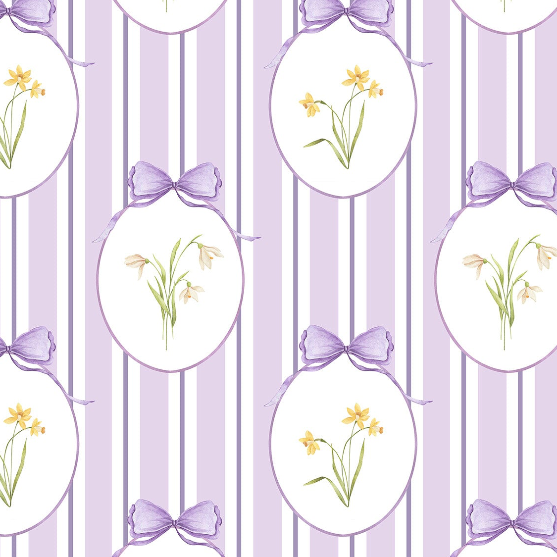Snowdrops Bold Pinstripe Accent Wallpaper - Oval Medallion, Lilac Background