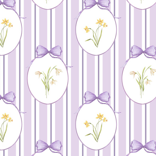 Snowdrops Bold Pinstripe Accent Wallpaper - Oval Medallion, Lilac Background