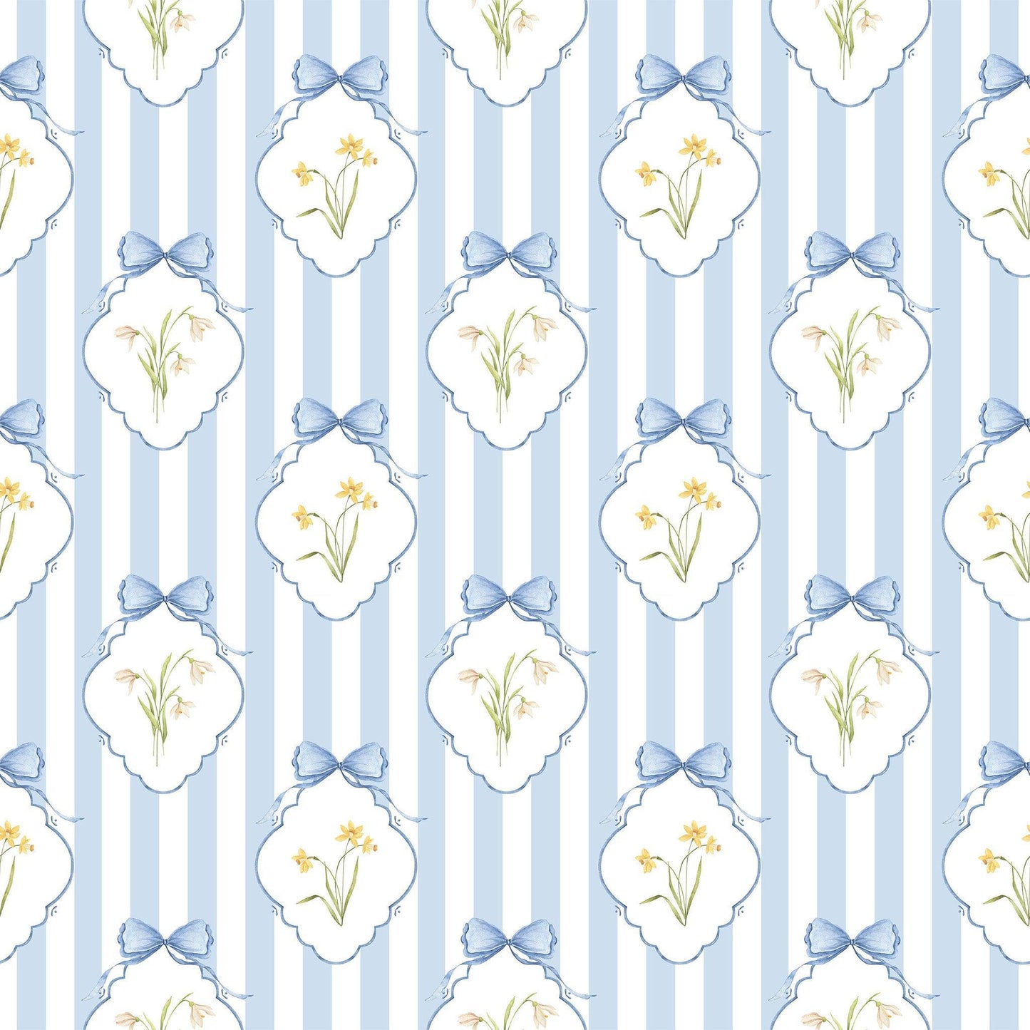 Snowdrops Heritage Stripe Wallpaper - Diamond Medallion, Blue Background