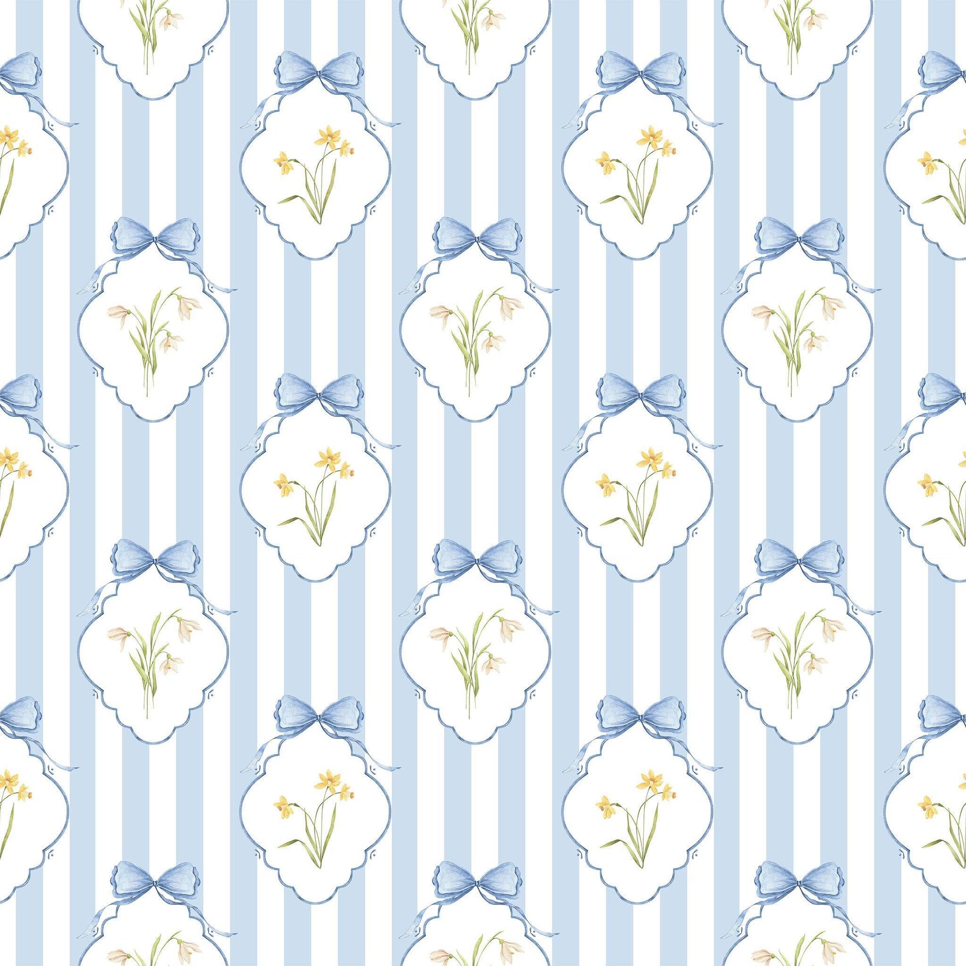 Snowdrops Heritage Stripe Wallpaper - Diamond Medallion, Blue Background