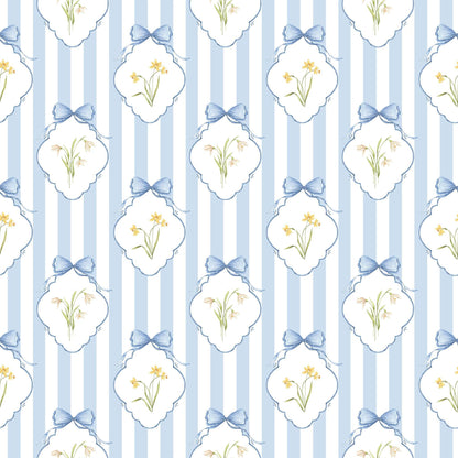 Snowdrops Heritage Stripe Wallpaper - Diamond Medallion, Blue Background