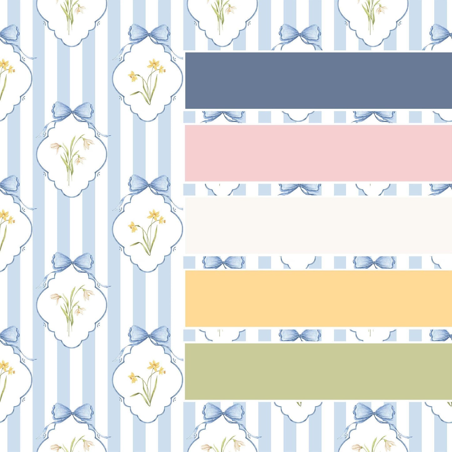 Snowdrops Heritage Stripe Wallpaper - Diamond Medallion, Blue Background