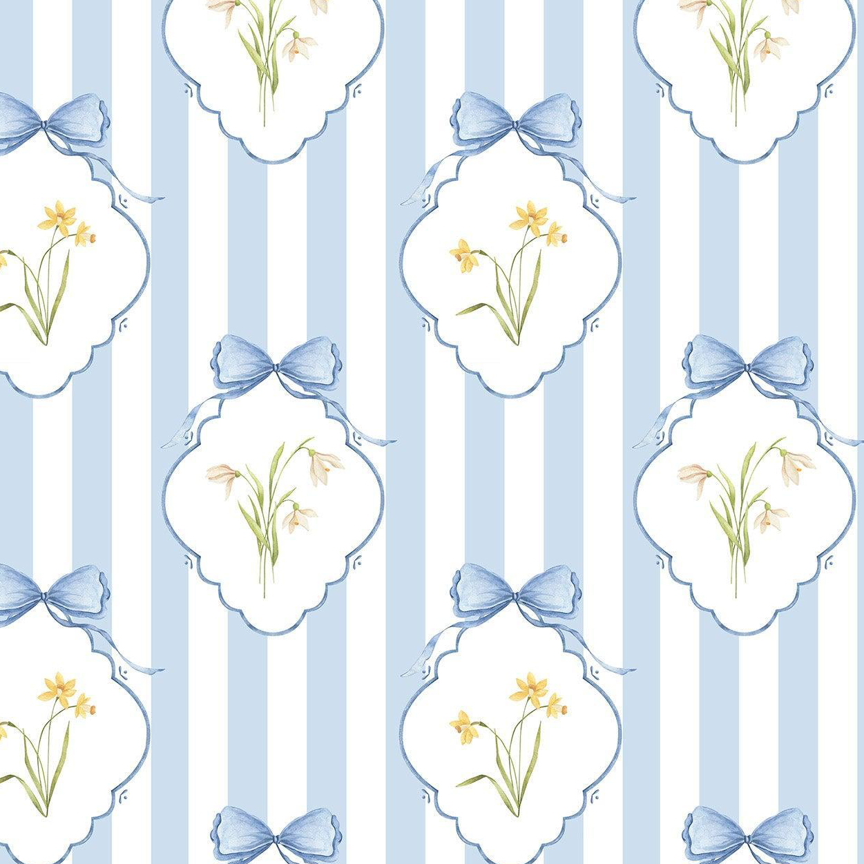 Snowdrops Heritage Stripe Wallpaper - Diamond Medallion, Blue Background