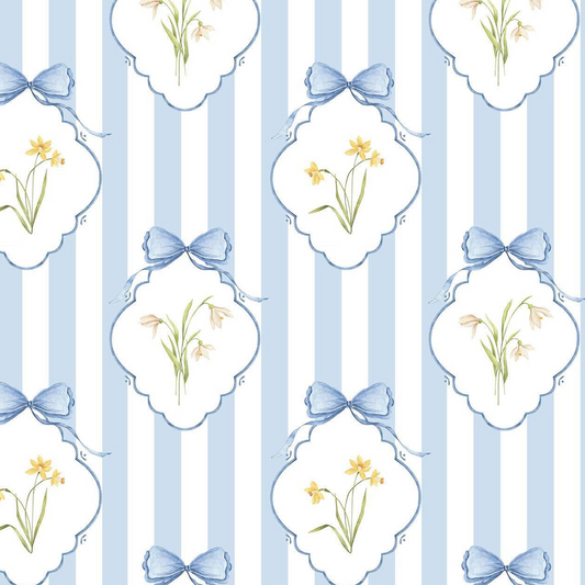 Snowdrops Heritage Stripe Wallpaper - Diamond Medallion, Blue Background