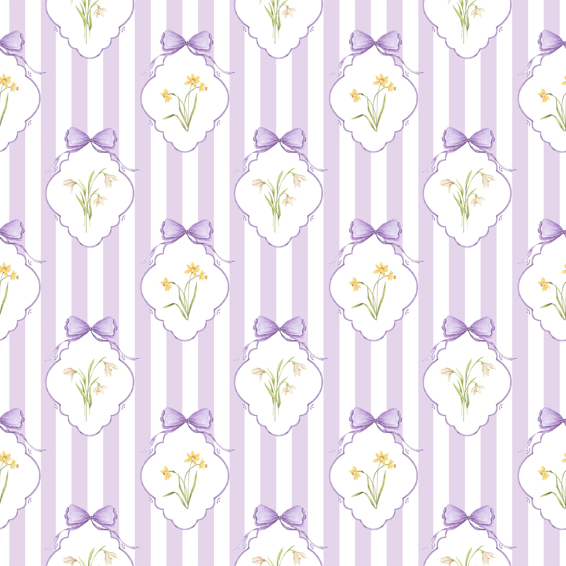 Snowdrops Heritage Stripe Wallpaper - Diamond Medallion, Lilac Background