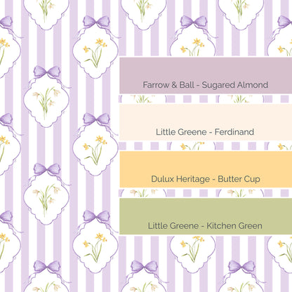 Snowdrops Heritage Stripe Wallpaper - Diamond Medallion, Lilac Background