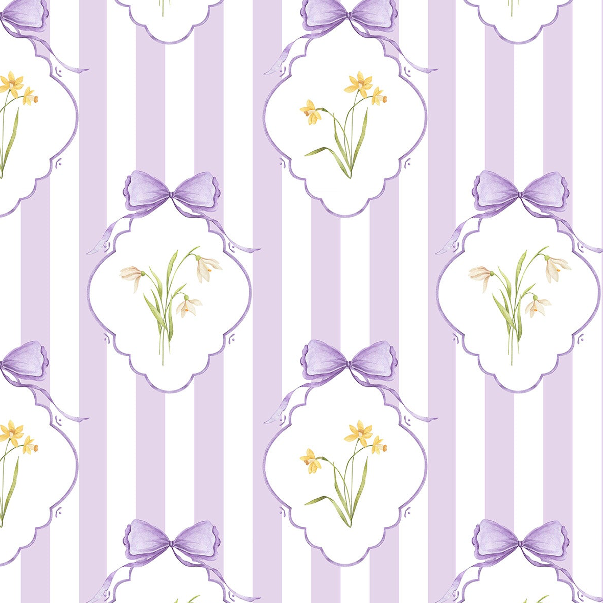 Snowdrops Heritage Stripe Wallpaper - Diamond Medallion, Lilac Background