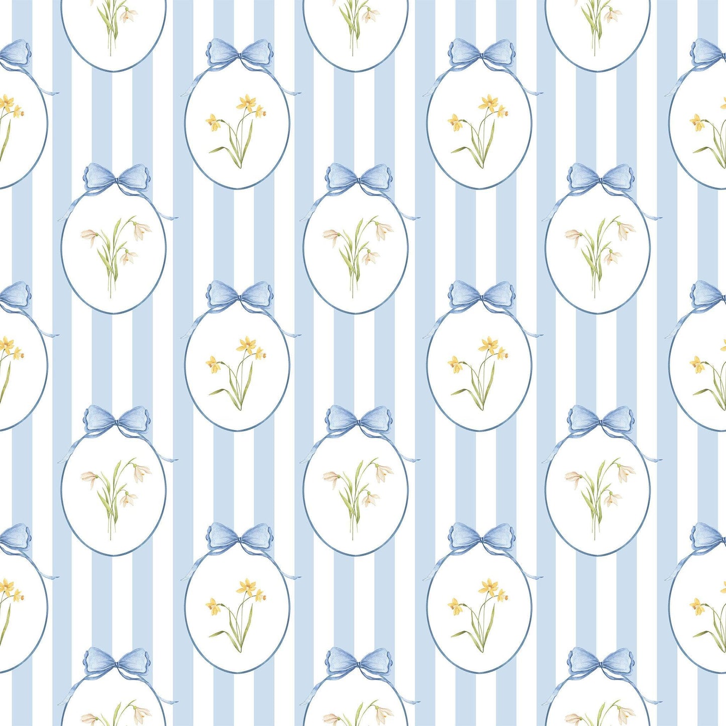 Snowdrops Heritage Stripe Wallpaper - Oval Medallion, Blue background 
