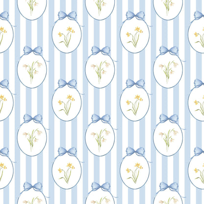 Snowdrops Heritage Stripe Wallpaper - Oval Medallion, Blue background 