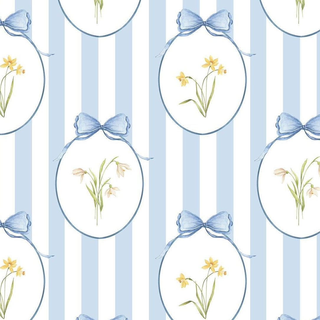 Snowdrops Heritage Stripe Wallpaper - Oval Medallion, Blue background 