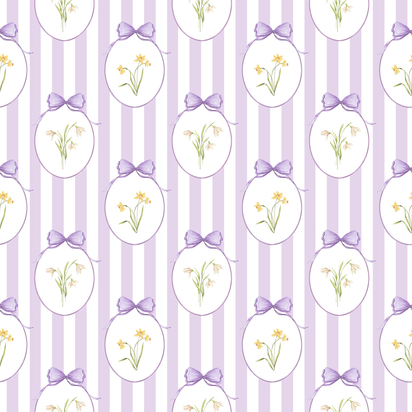 Snowdrops Heritage Stripe Wallpaper - Oval Medallion, Lilac Background 