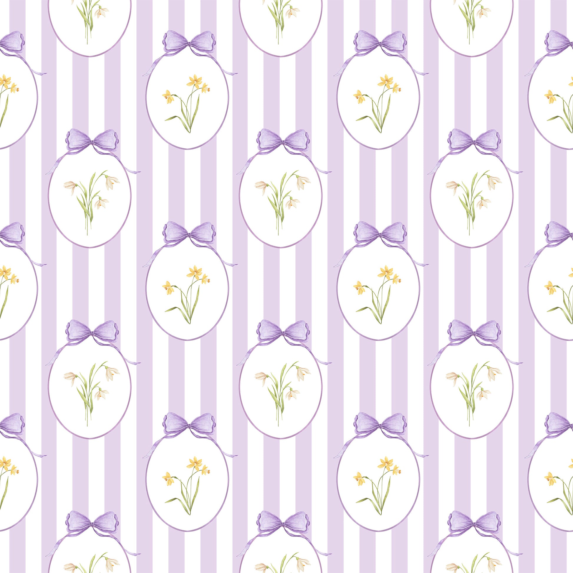 Snowdrops Heritage Stripe Wallpaper - Oval Medallion, Lilac Background 