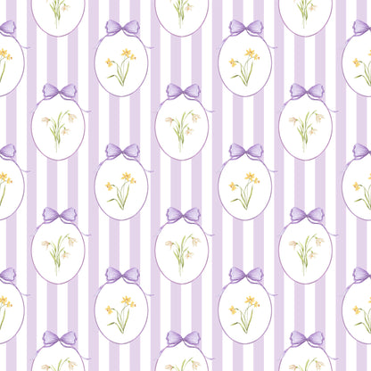 Snowdrops Heritage Stripe Wallpaper - Oval Medallion, Lilac Background 